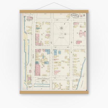 Old map wall art mockup — magnetic wood frame on white wall — Sanborn Fire Insurance Map from Honesdale, Wayne County, Pennsylvania (1885), Sheet #0003