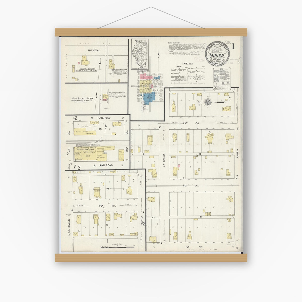 Old map wall art mockup — magnetic wood frame on white wall — Sanborn Fire Insurance Map from Minier, Tazewell County, Illinois (1913), Sheet #0001