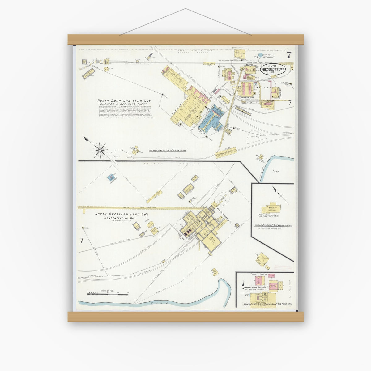 Old map wall art mockup — magnetic wood frame on white wall — Sanborn Fire Insurance Map from Fredericktown, Madison County, Missouri (1908), Sheet #0007