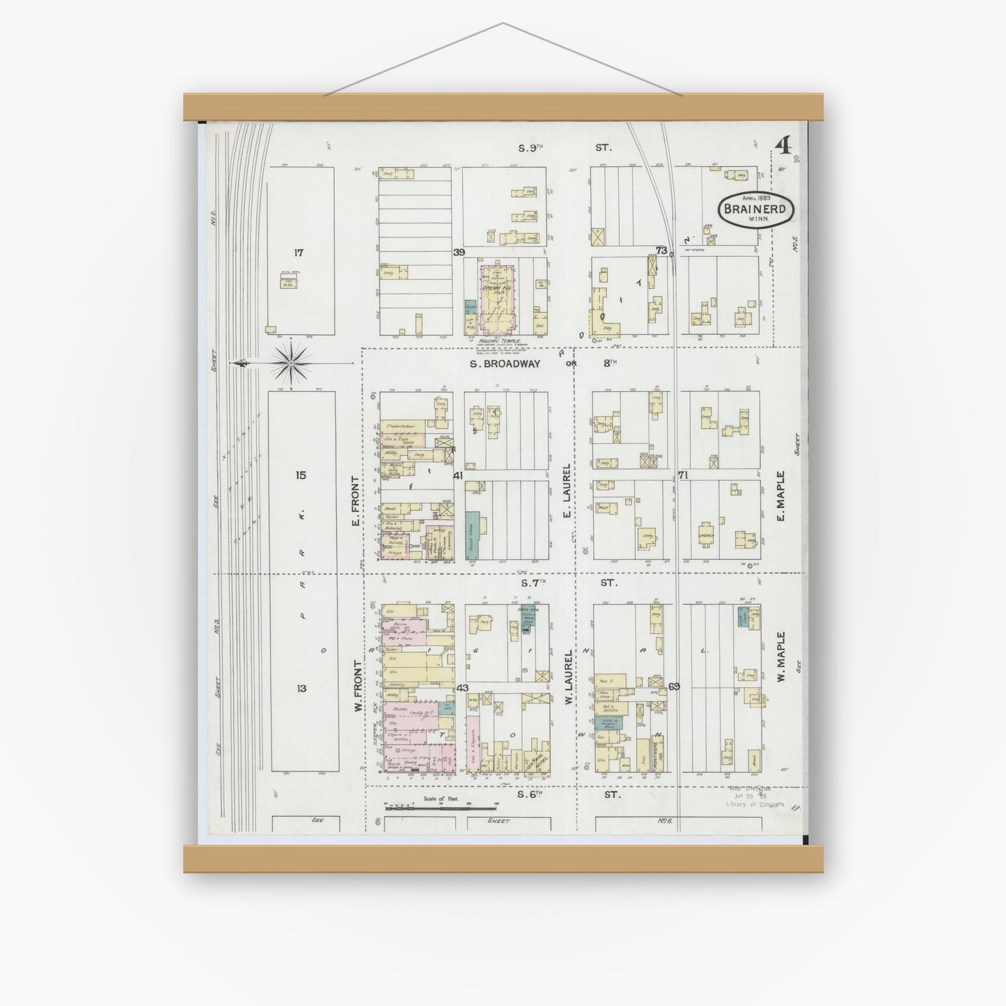 Old map wall art mockup — magnetic wood frame on white wall — Sanborn Fire Insurance Map from Brainerd, Crow Wing County, Minnesota (1889), Sheet #0004
