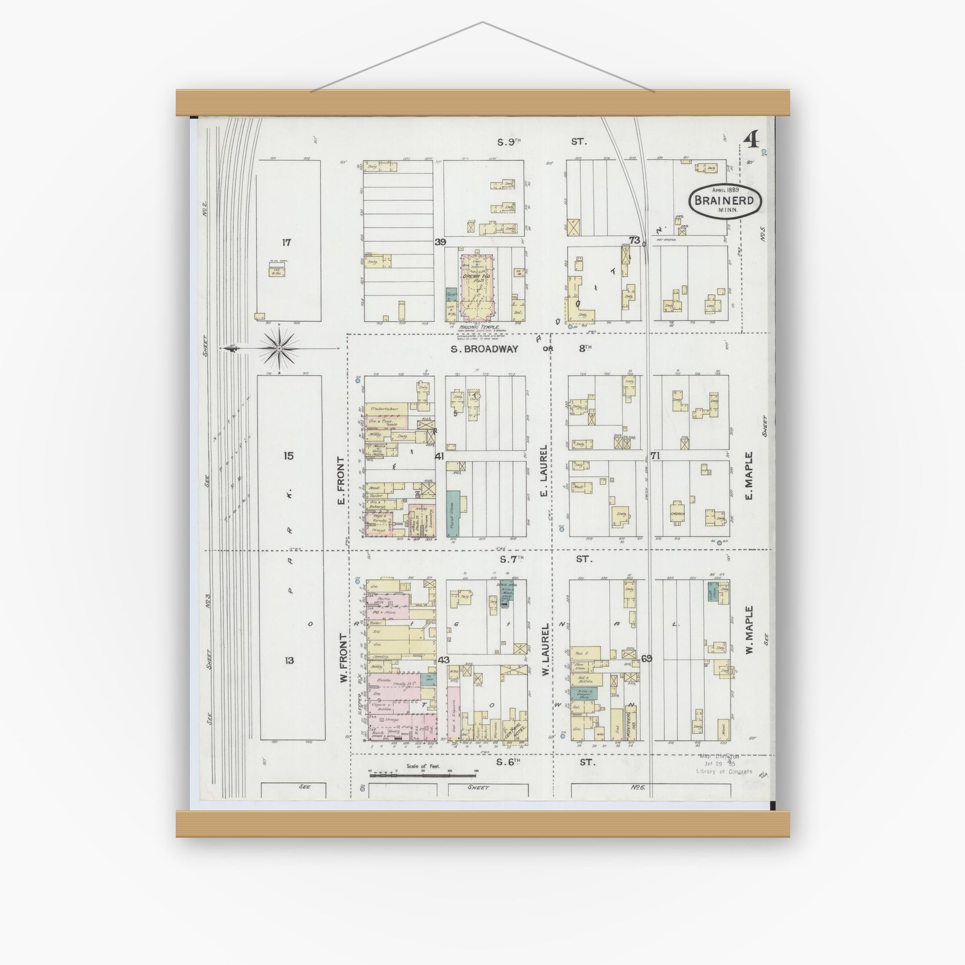 Old map wall art mockup — magnetic wood frame on white wall — Sanborn Fire Insurance Map from Brainerd, Crow Wing County, Minnesota (1889), Sheet #0004