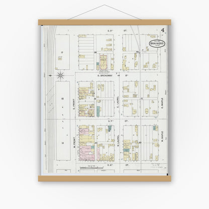 Old map wall art mockup — magnetic wood frame on white wall — Sanborn Fire Insurance Map from Brainerd, Crow Wing County, Minnesota (1889), Sheet #0004