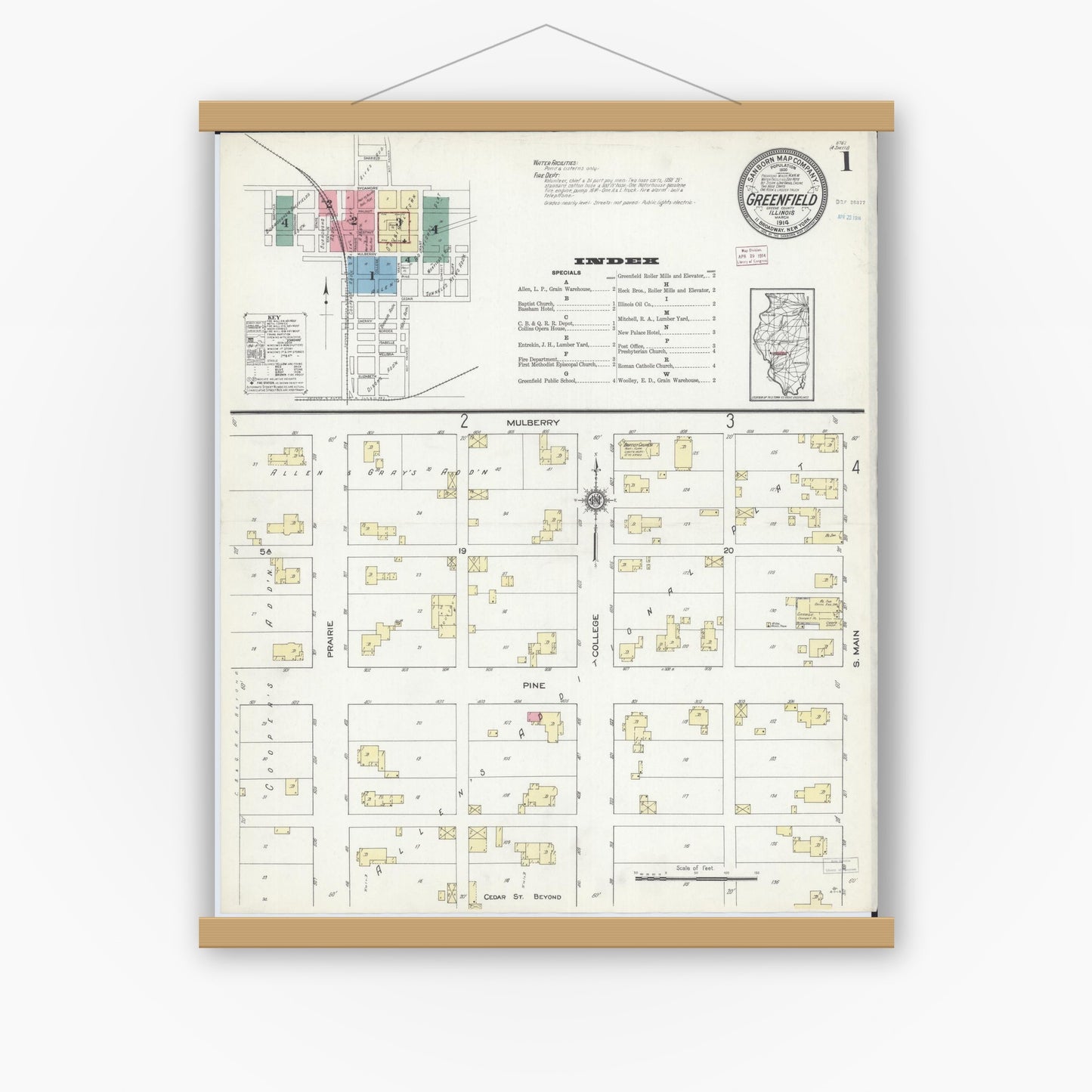 Old map wall art mockup — magnetic wood frame on white wall — Sanborn Fire Insurance Map from Greenfield, Greene County, Illinois (1914) - Complete Map Set