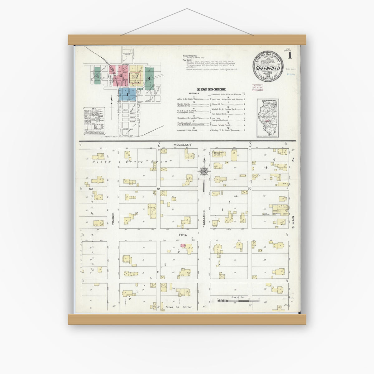 Old map wall art mockup — magnetic wood frame on white wall — Sanborn Fire Insurance Map from Greenfield, Greene County, Illinois (1914) - Complete Map Set