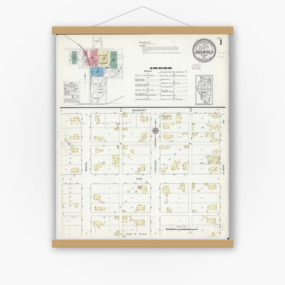 Old map wall art mockup — magnetic wood frame on white wall — Sanborn Fire Insurance Map from Greenfield, Greene County, Illinois (1914) - Complete Map Set