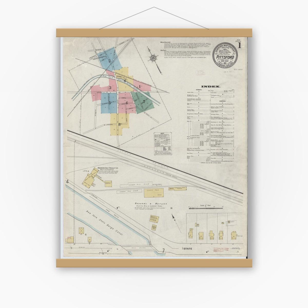 Old map wall art mockup — magnetic wood frame on white wall — Sanborn Fire Insurance Map from Pittsford, Monroe County, New York (1912) - Complete Map Set
