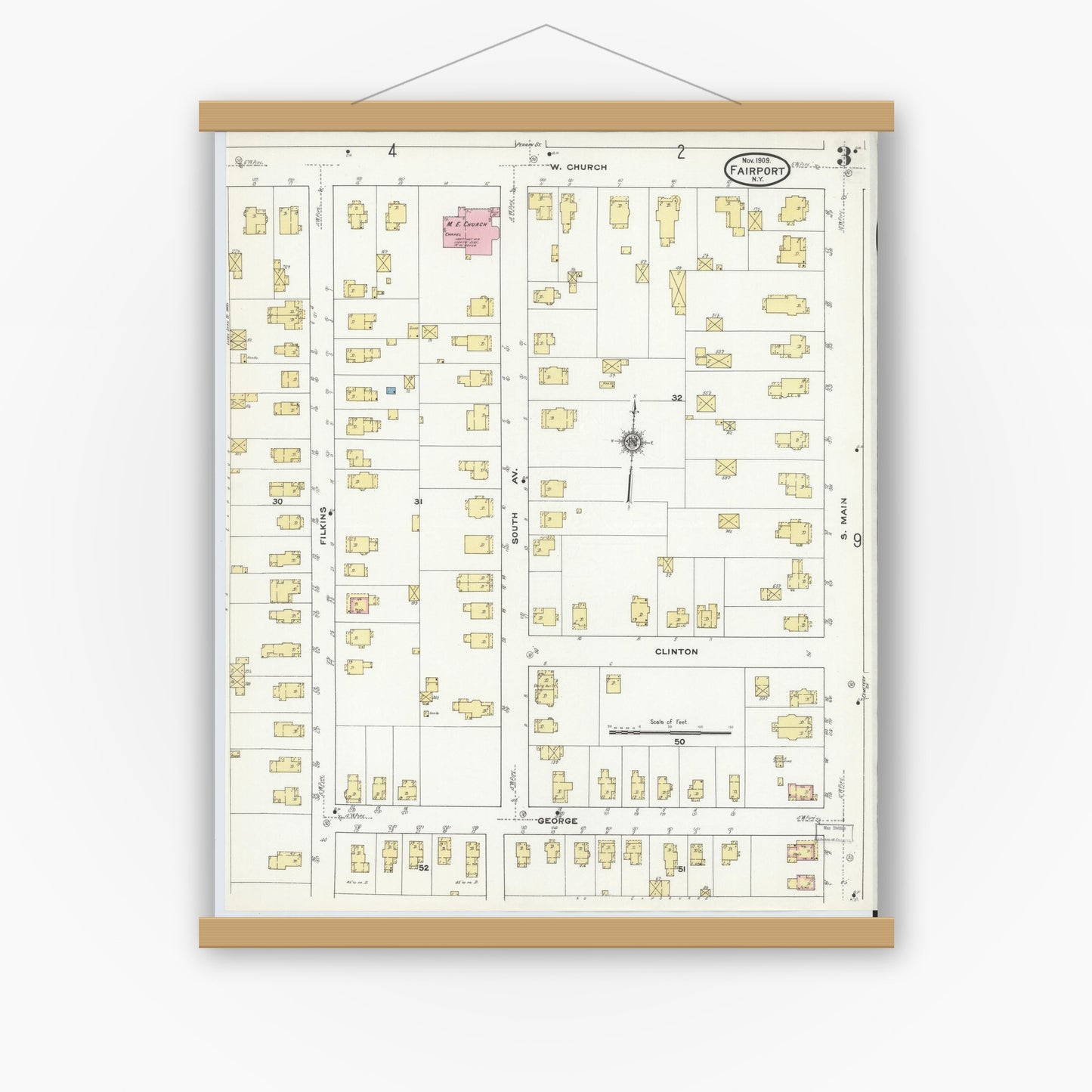 Old map wall art mockup — magnetic wood frame on white wall — Sanborn Fire Insurance Map from Fairport, Monroe County, New York (1909), Sheet #0003