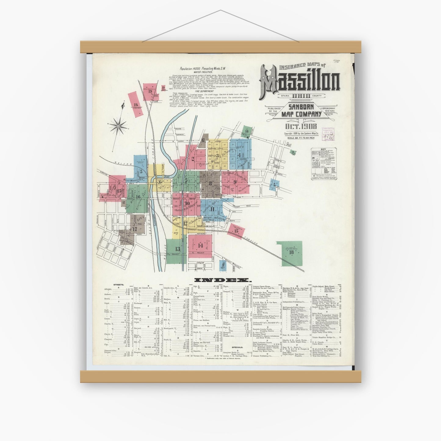 Old map wall art mockup — magnetic wood frame on white wall — Sanborn Fire Insurance Map from Massillon, Stark County, Ohio (1908) - Complete Map Set