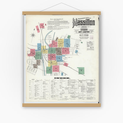 Old map wall art mockup — magnetic wood frame on white wall — Sanborn Fire Insurance Map from Massillon, Stark County, Ohio (1908) - Complete Map Set