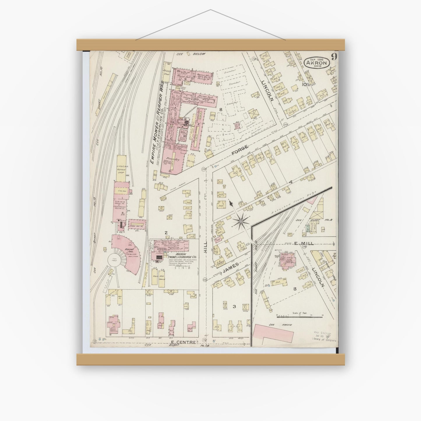 Old map wall art mockup — magnetic wood frame on white wall — Sanborn Fire Insurance Map from Akron, Summit County, Ohio (1886), Sheet #0009