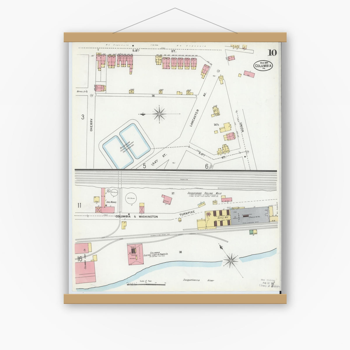 Old map wall art mockup — magnetic wood frame on white wall — Sanborn Fire Insurance Map from Columbia, Lancaster County, Pennsylvania (1899), Sheet #0010