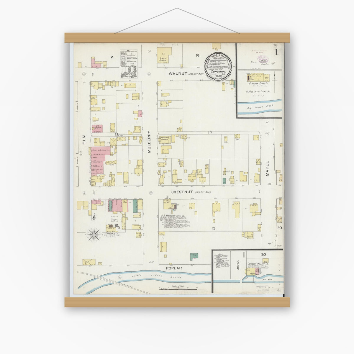 Old map wall art mockup — magnetic wood frame on white wall — Sanborn Fire Insurance Map from Corydon, Harrison County, Indiana (1894), Sheet #0001