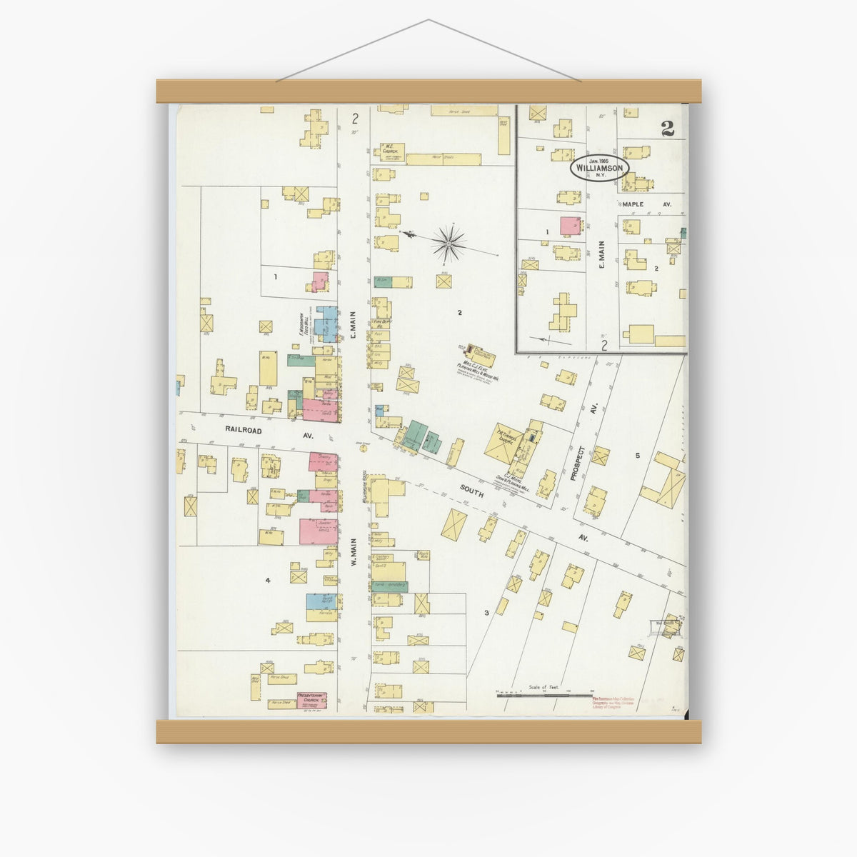 Old map wall art mockup — magnetic wood frame on white wall — Sanborn Fire Insurance Map from Williamson, Wayne County, New York (1905), Sheet #0002