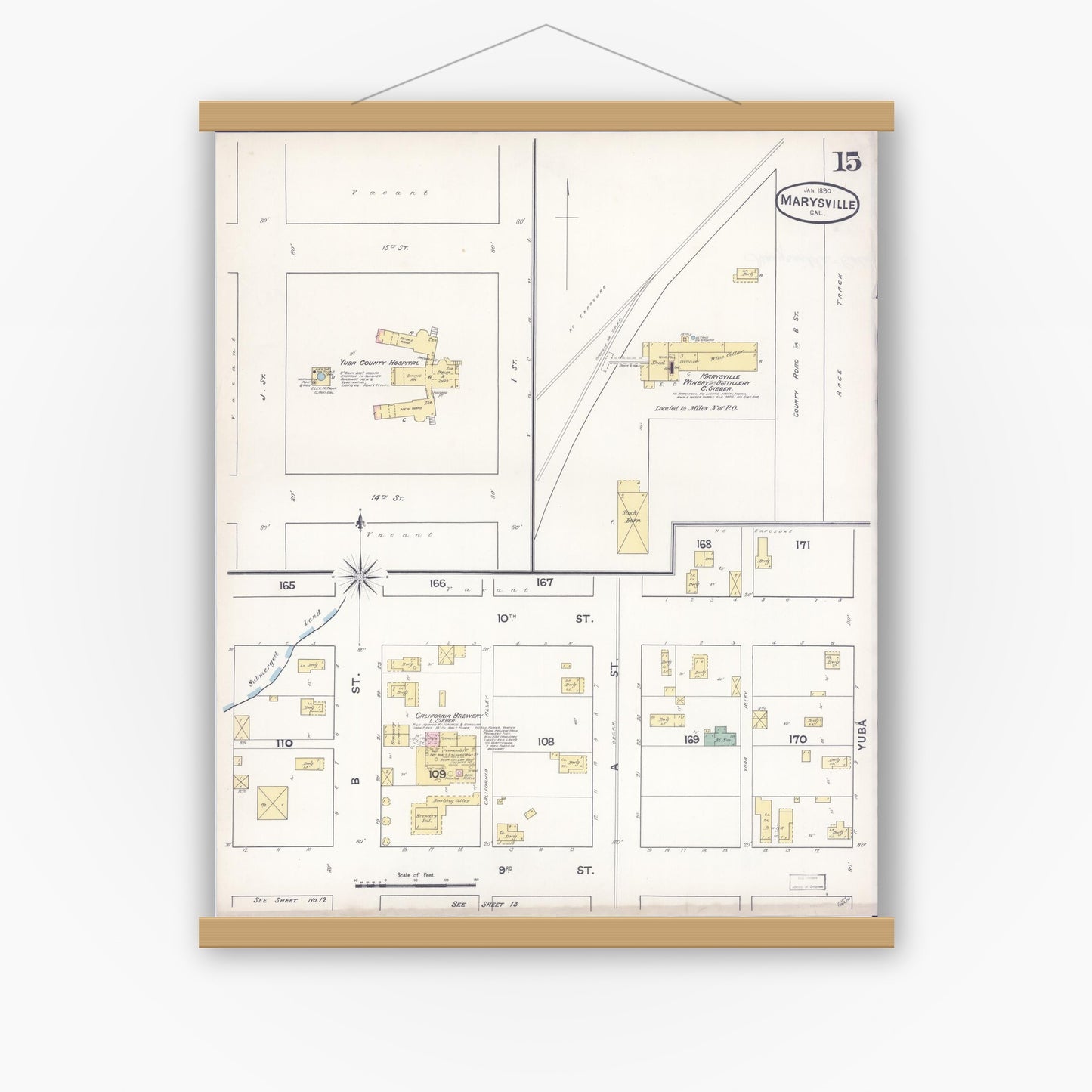 Old map wall art mockup — magnetic wood frame on white wall — Sanborn Fire Insurance Map from Marysville, Yuba County, California (1890), Sheet #0015
