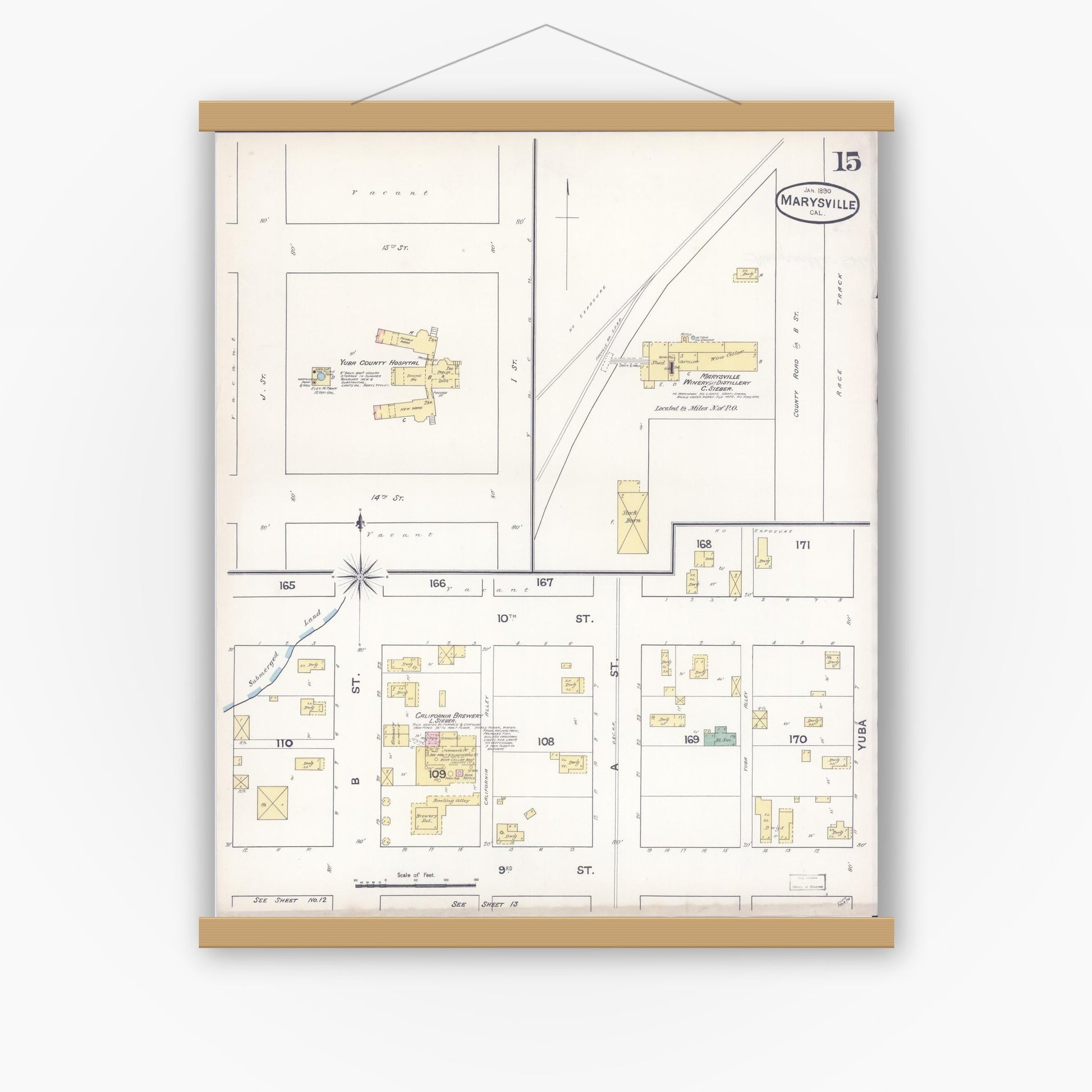 Old map wall art mockup — magnetic wood frame on white wall — Sanborn Fire Insurance Map from Marysville, Yuba County, California (1890), Sheet #0015