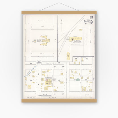Old map wall art mockup — magnetic wood frame on white wall — Sanborn Fire Insurance Map from Marysville, Yuba County, California (1890), Sheet #0015