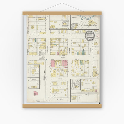 Old map wall art mockup — magnetic wood frame on white wall — Sanborn Fire Insurance Map from North Branch, Lapeer County, Michigan (1895), Sheet #0001