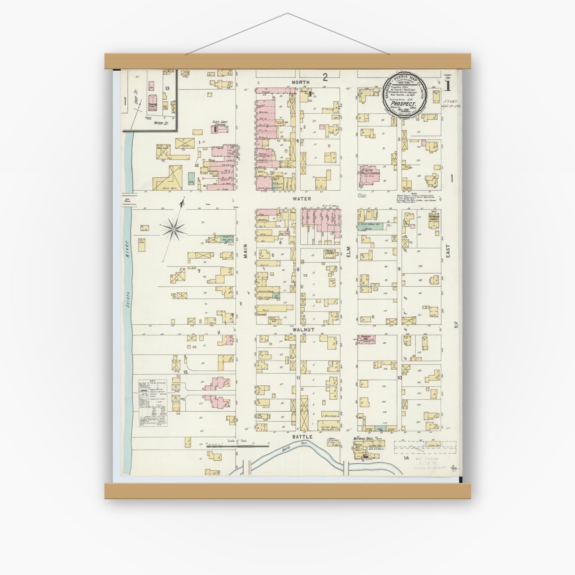 Old map wall art mockup — magnetic wood frame on white wall — Sanborn Fire Insurance Map from Prospect, Marion County, Ohio (1896) - Complete Map Set