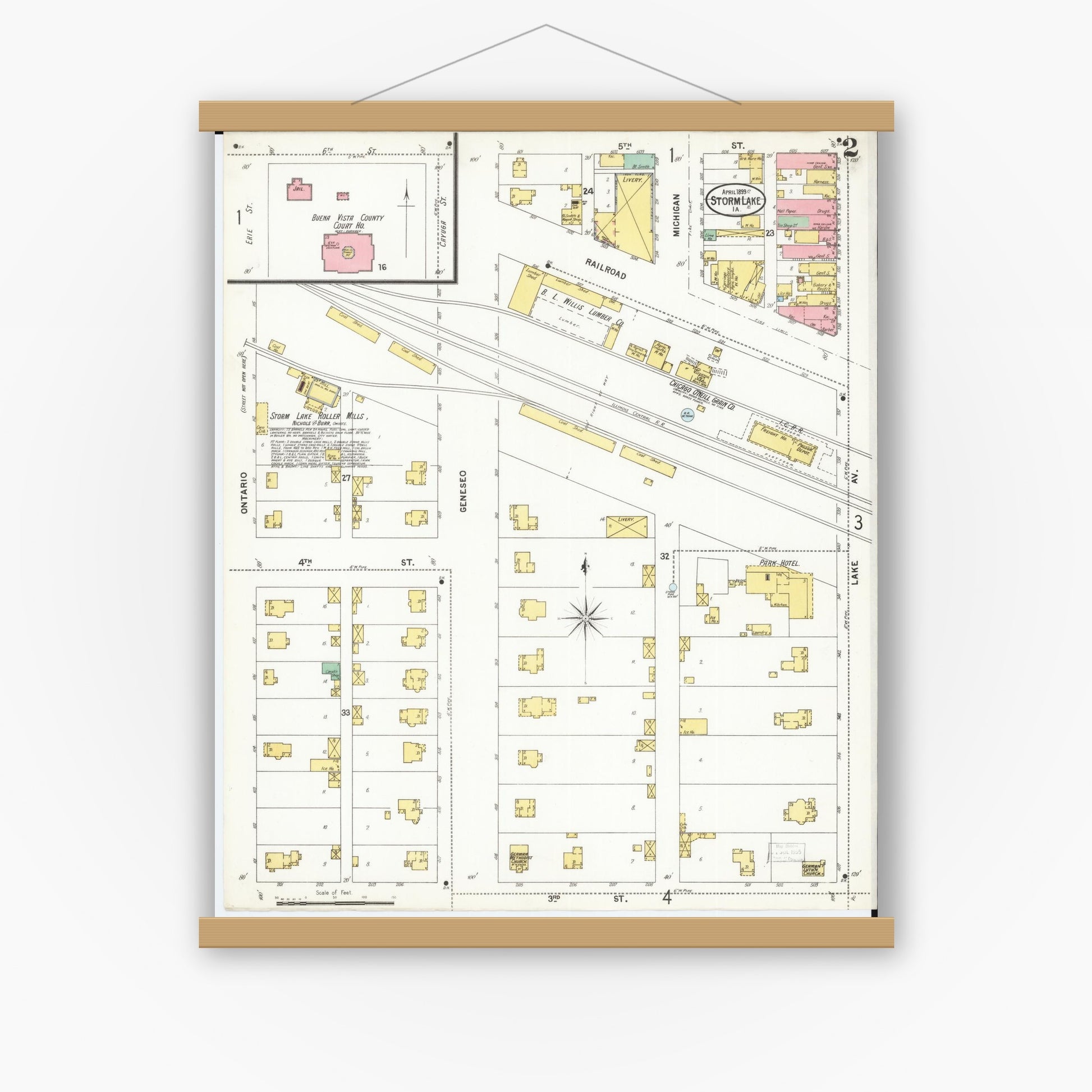 Old map wall art mockup — magnetic wood frame on white wall — Sanborn Fire Insurance Map from Storm Lake, Buena Vista County, Iowa (1899), Sheet #0002