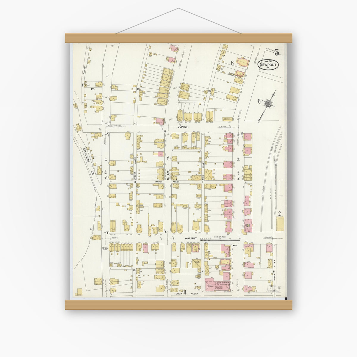 Old map wall art mockup — magnetic wood frame on white wall — Sanborn Fire Insurance Map from Newport, Perry County, Pennsylvania (1911), Sheet #0005
