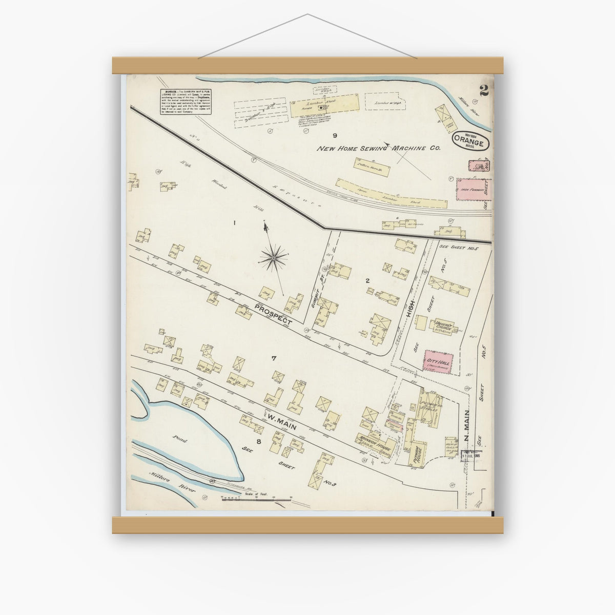 Old map wall art mockup — magnetic wood frame on white wall — Sanborn Fire Insurance Map from Orange, Franklin County, Massachusetts (1884), Sheet #0002