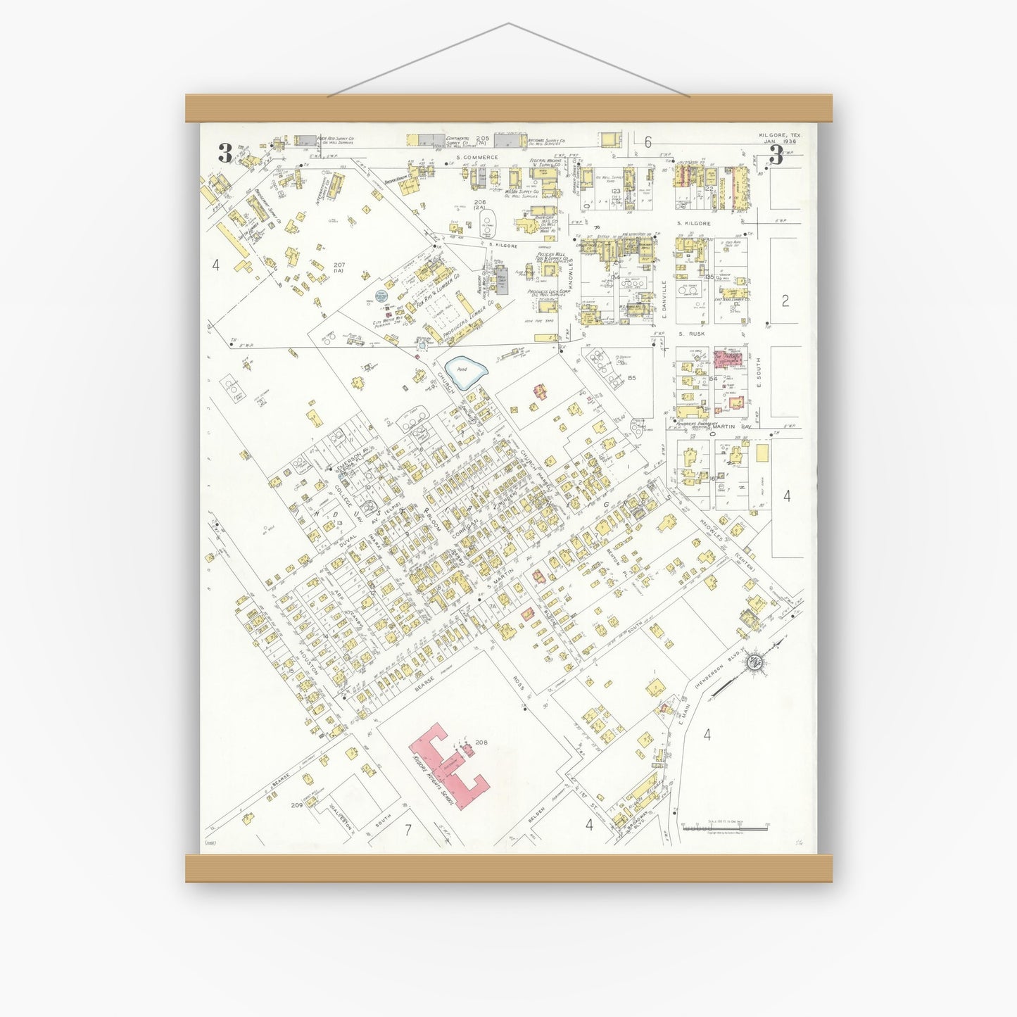 Old map wall art mockup — magnetic wood frame on white wall — Sanborn Fire Insurance Map from Kilgore, Gregg County, Texas (1936), Sheet #0003