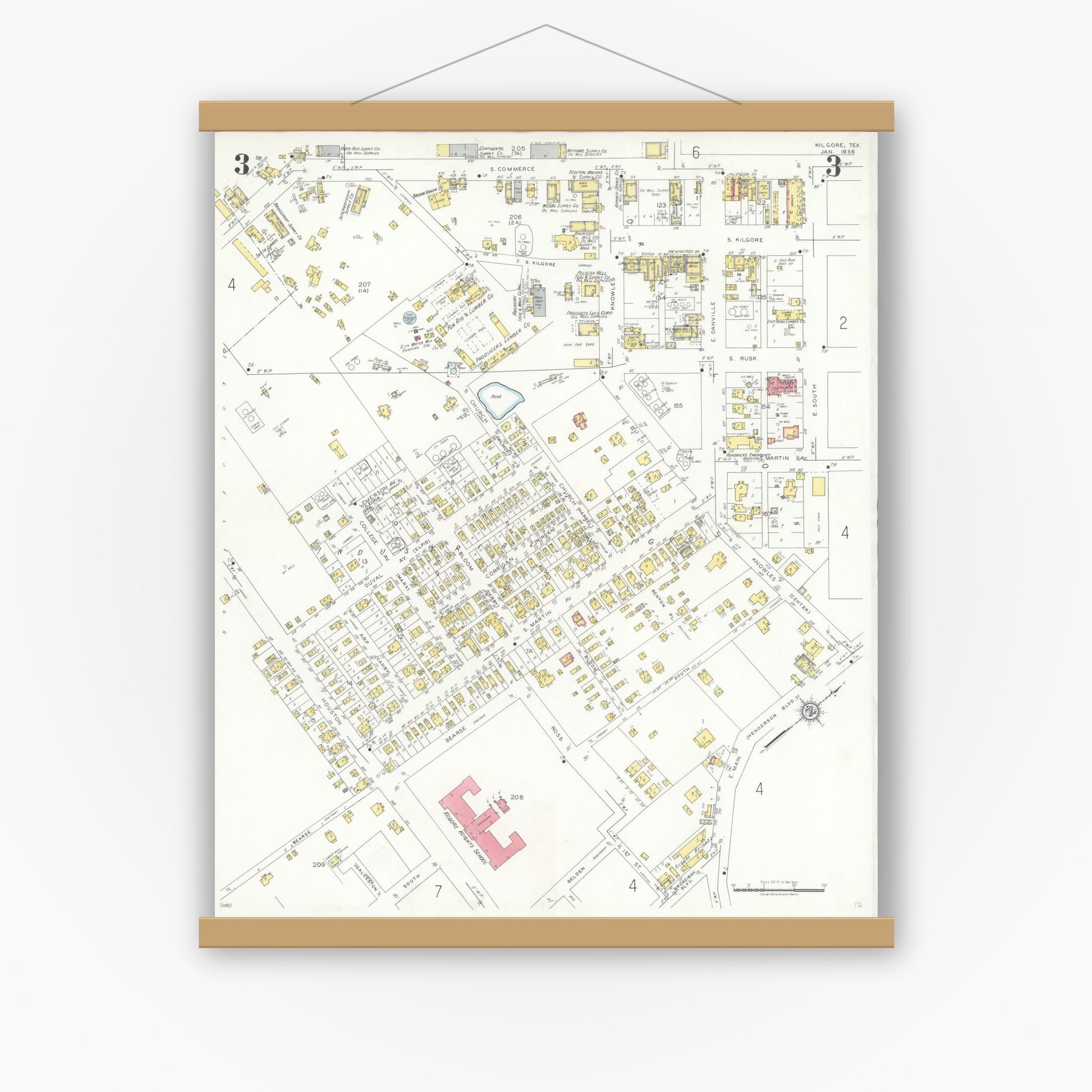 Old map wall art mockup — magnetic wood frame on white wall — Sanborn Fire Insurance Map from Kilgore, Gregg County, Texas (1936), Sheet #0003
