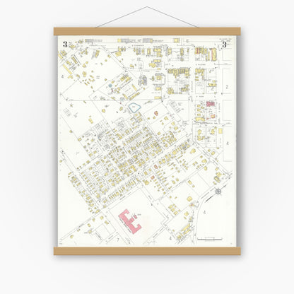 Old map wall art mockup — magnetic wood frame on white wall — Sanborn Fire Insurance Map from Kilgore, Gregg County, Texas (1936), Sheet #0003
