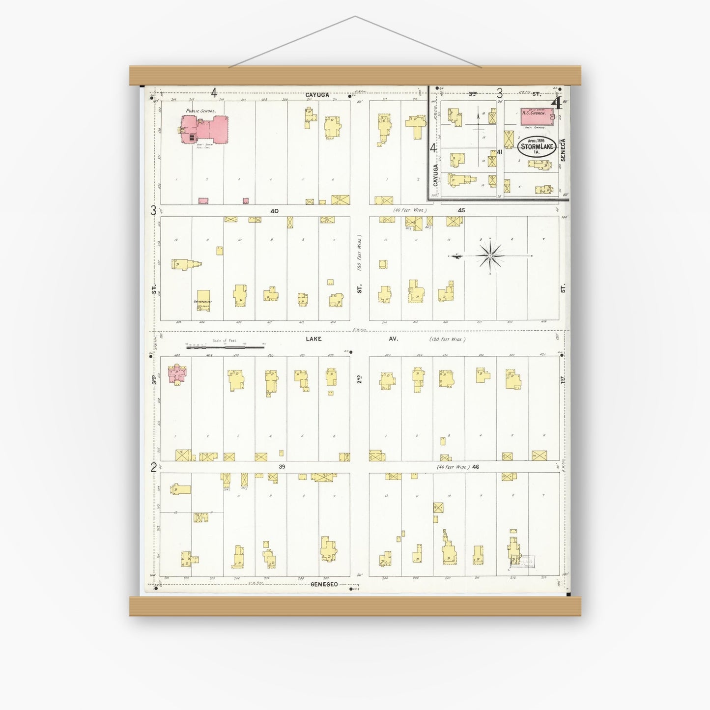 Old map wall art mockup — magnetic wood frame on white wall — Sanborn Fire Insurance Map from Storm Lake, Buena Vista County, Iowa (1899), Sheet #0004