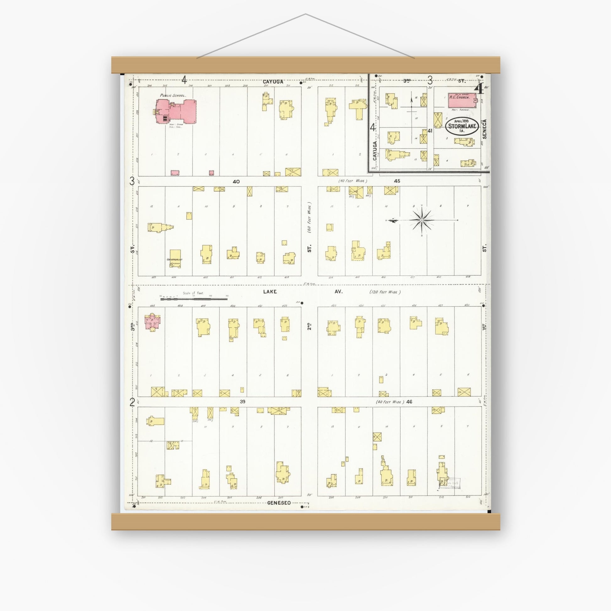 Old map wall art mockup — magnetic wood frame on white wall — Sanborn Fire Insurance Map from Storm Lake, Buena Vista County, Iowa (1899), Sheet #0004