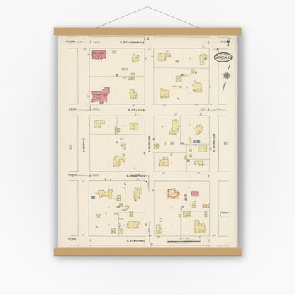 Old map wall art mockup — magnetic wood frame on white wall — Sanborn Fire Insurance Map from Gonzales, Gonzales County, Texas (1922), Sheet #0007