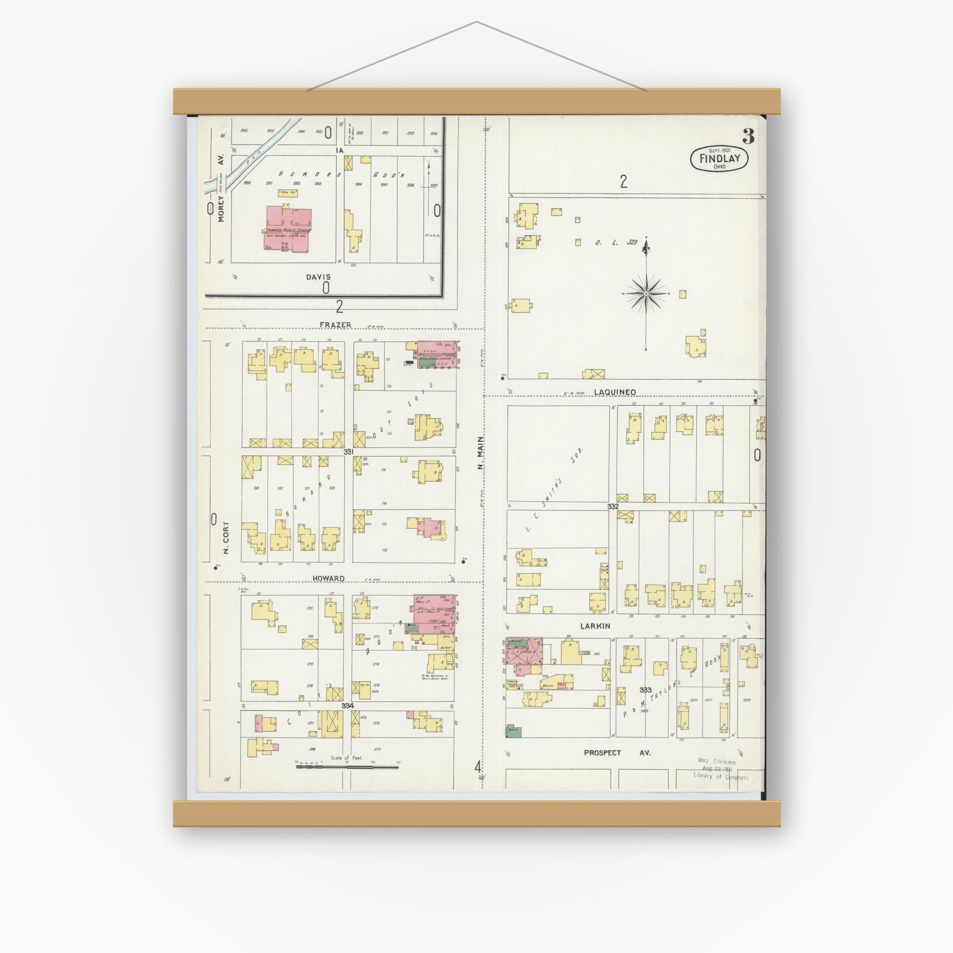 Old map wall art mockup — magnetic wood frame on white wall — Sanborn Fire Insurance Map from Findlay, Hancock County, Ohio (1901), Sheet #0003