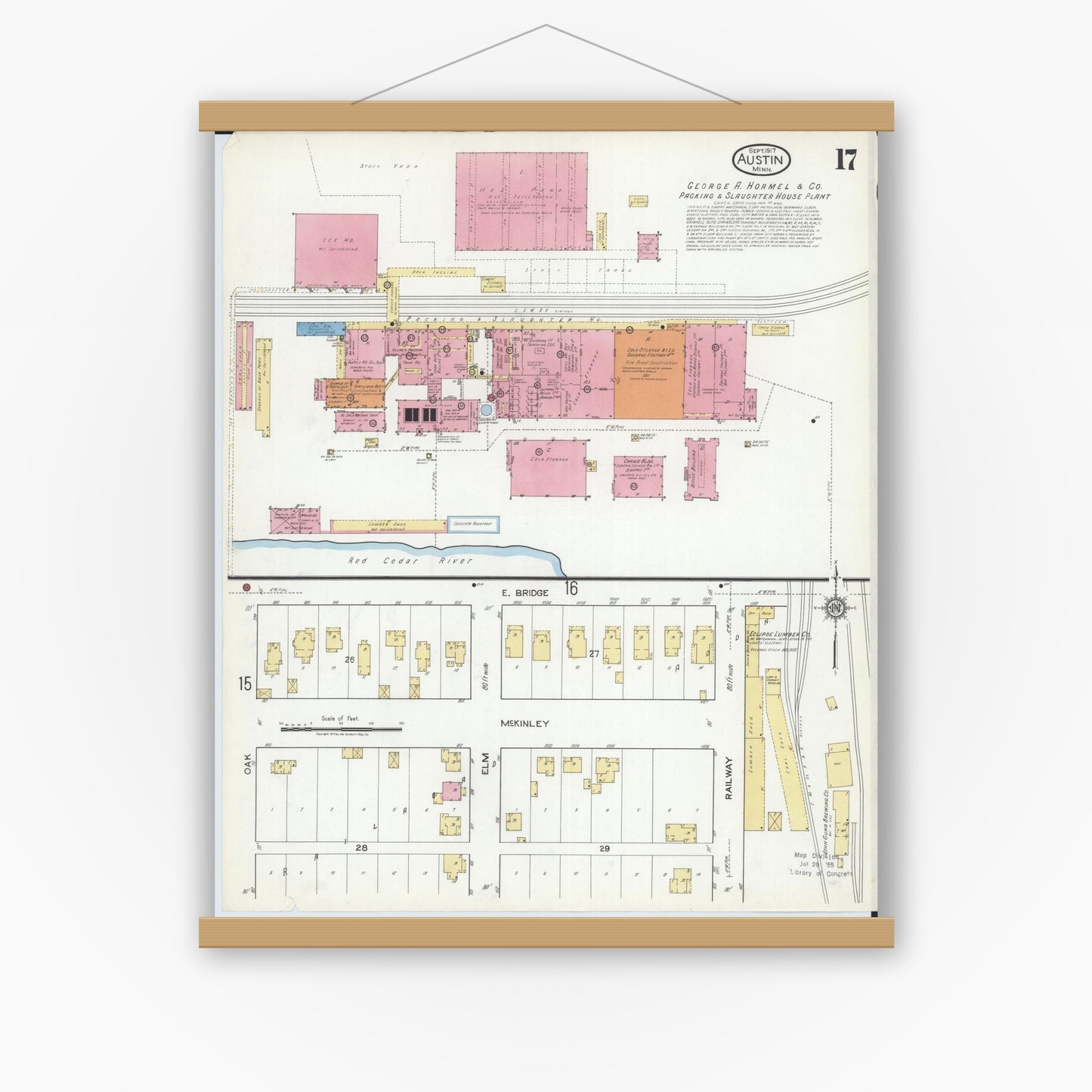 Old map wall art mockup — magnetic wood frame on white wall — Sanborn Fire Insurance Map from Austin, Mower County, Minnesota (1917), Sheet #0017
