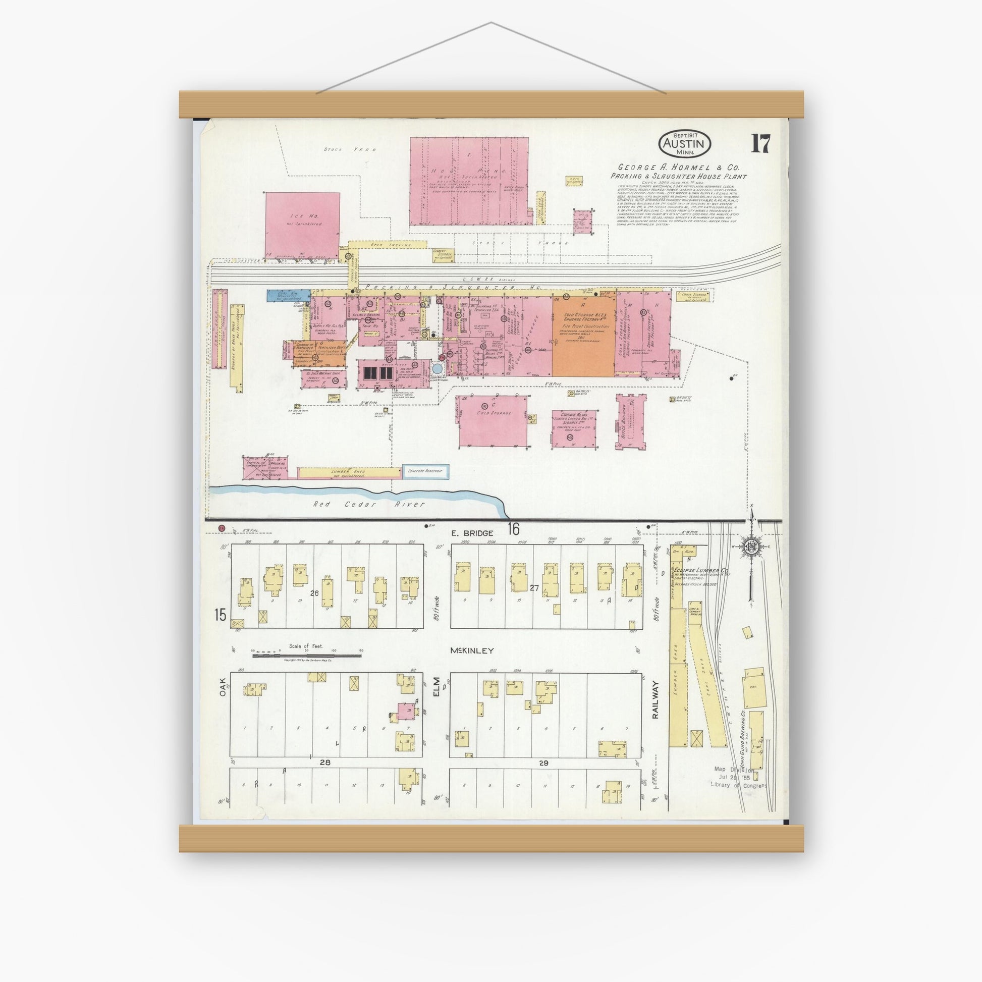 Old map wall art mockup — magnetic wood frame on white wall — Sanborn Fire Insurance Map from Austin, Mower County, Minnesota (1917), Sheet #0017