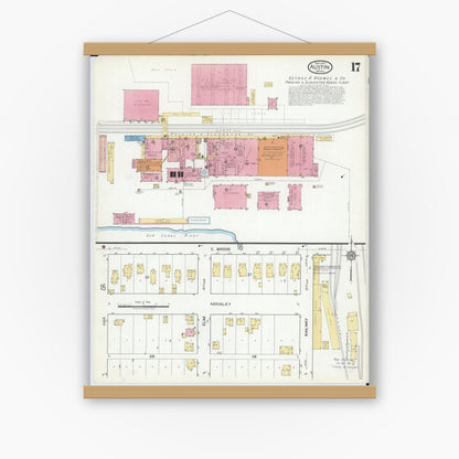 Old map wall art mockup — magnetic wood frame on white wall — Sanborn Fire Insurance Map from Austin, Mower County, Minnesota (1917), Sheet #0017