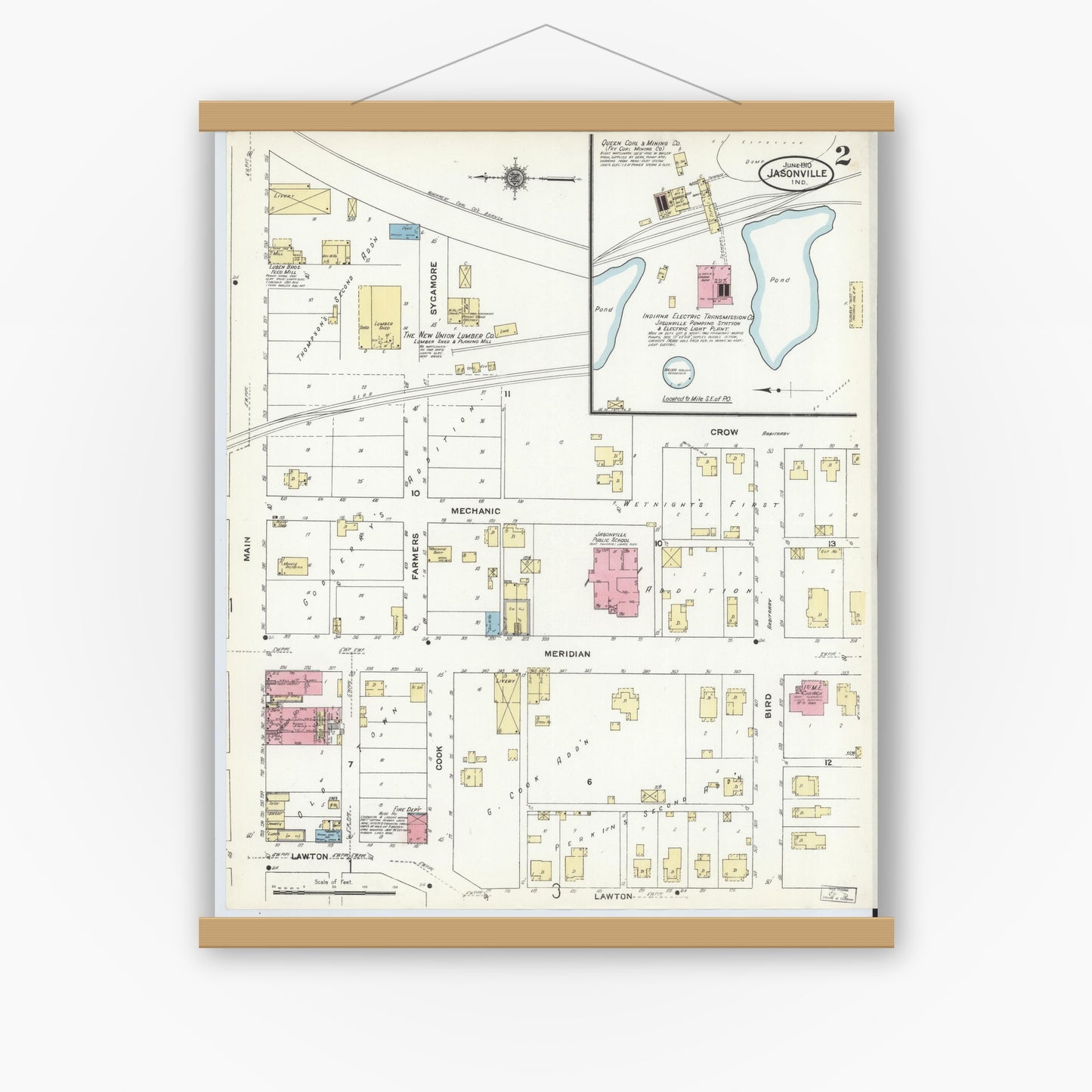Old map wall art mockup — magnetic wood frame on white wall — Sanborn Fire Insurance Map from Jasonville, Greene County, Indiana (1910), Sheet #0002