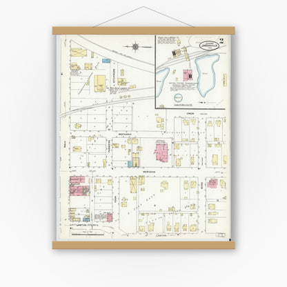 Old map wall art mockup — magnetic wood frame on white wall — Sanborn Fire Insurance Map from Jasonville, Greene County, Indiana (1910), Sheet #0002