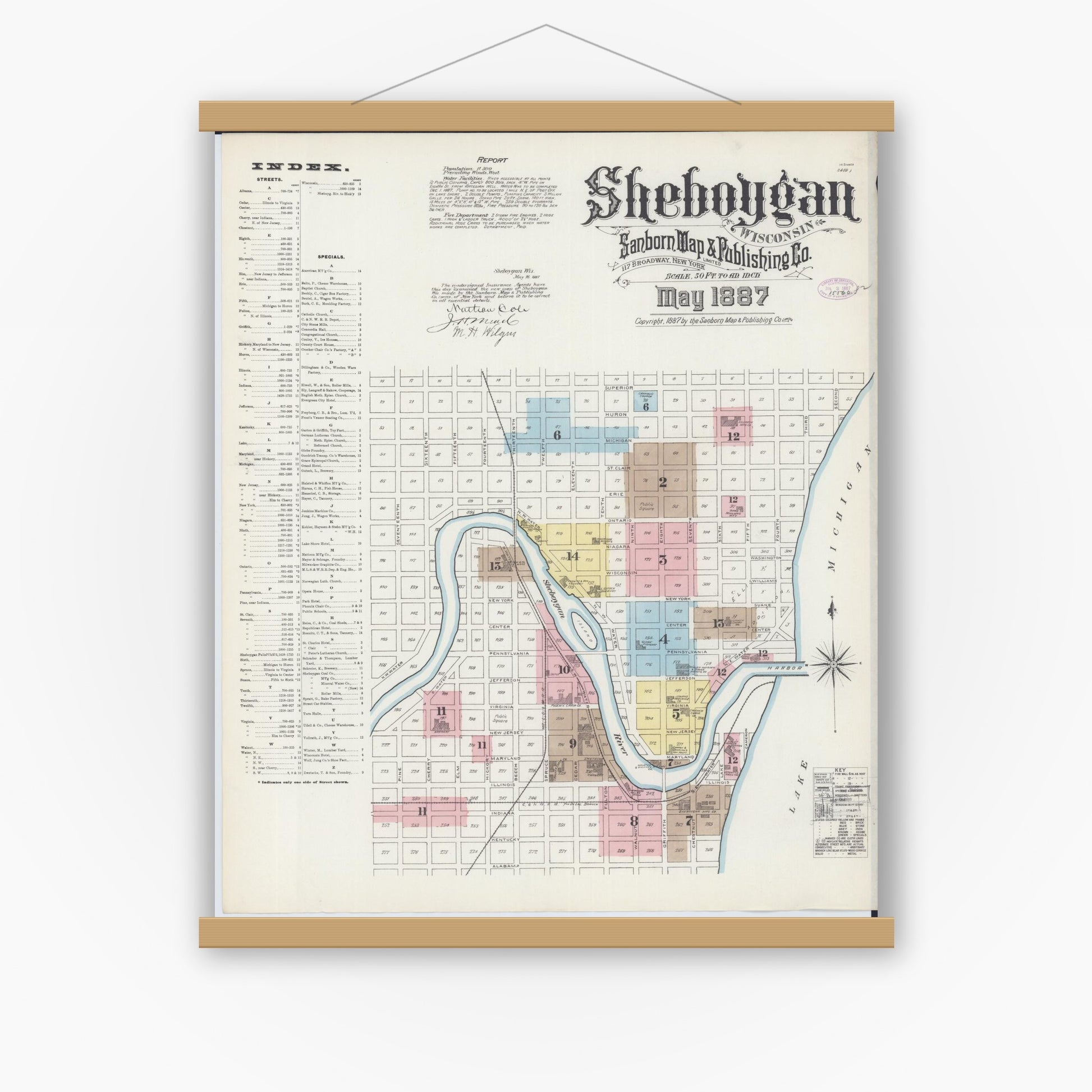 Old map wall art mockup — magnetic wood frame on white wall — Sanborn Fire Insurance Map from Sheboygan, Sheboygan County, Wisconsin (1887), Sheet #0001