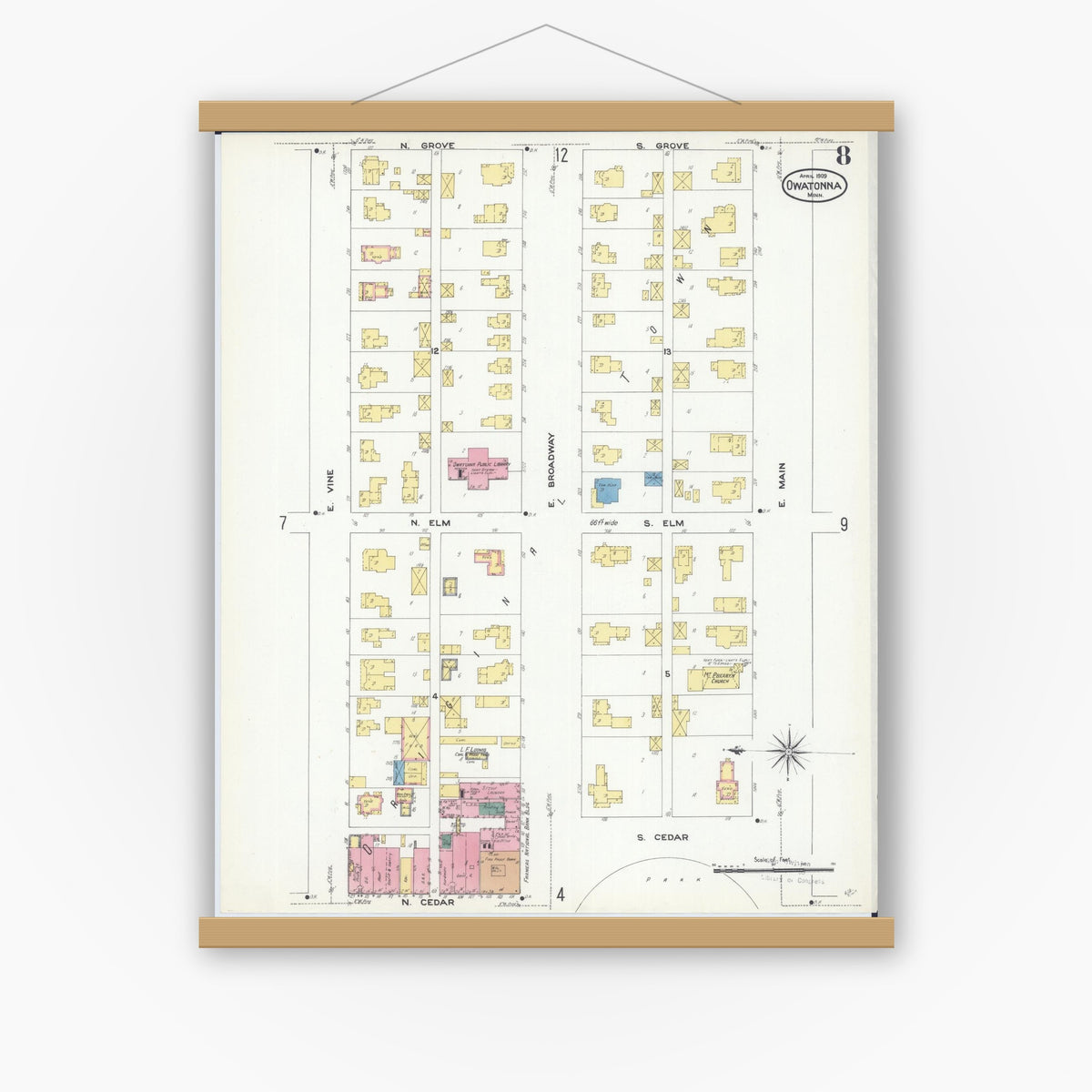 Old map wall art mockup — magnetic wood frame on white wall — Sanborn Fire Insurance Map from Owatonna, Steele County, Minnesota (1909), Sheet #0008