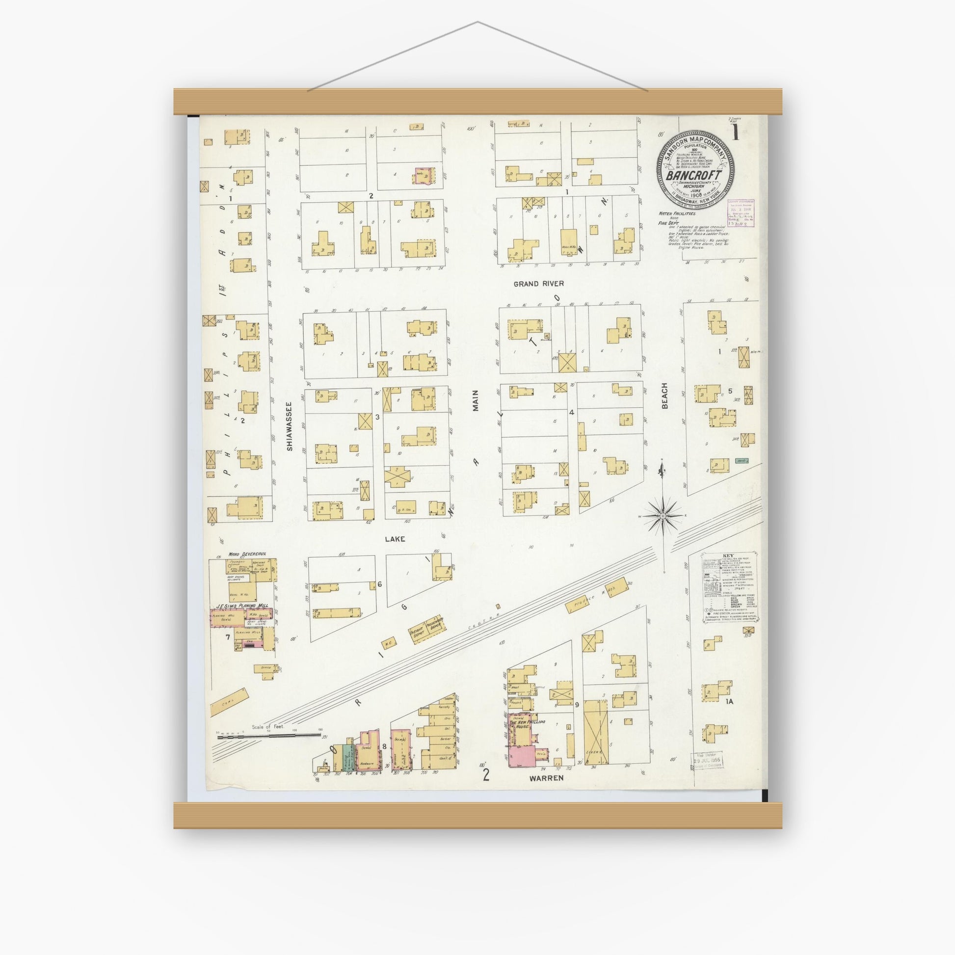 Old map wall art mockup — magnetic wood frame on white wall — Sanborn Fire Insurance Map from Bancroft, Shiawassee County, Michigan (1908) - Complete Map Set