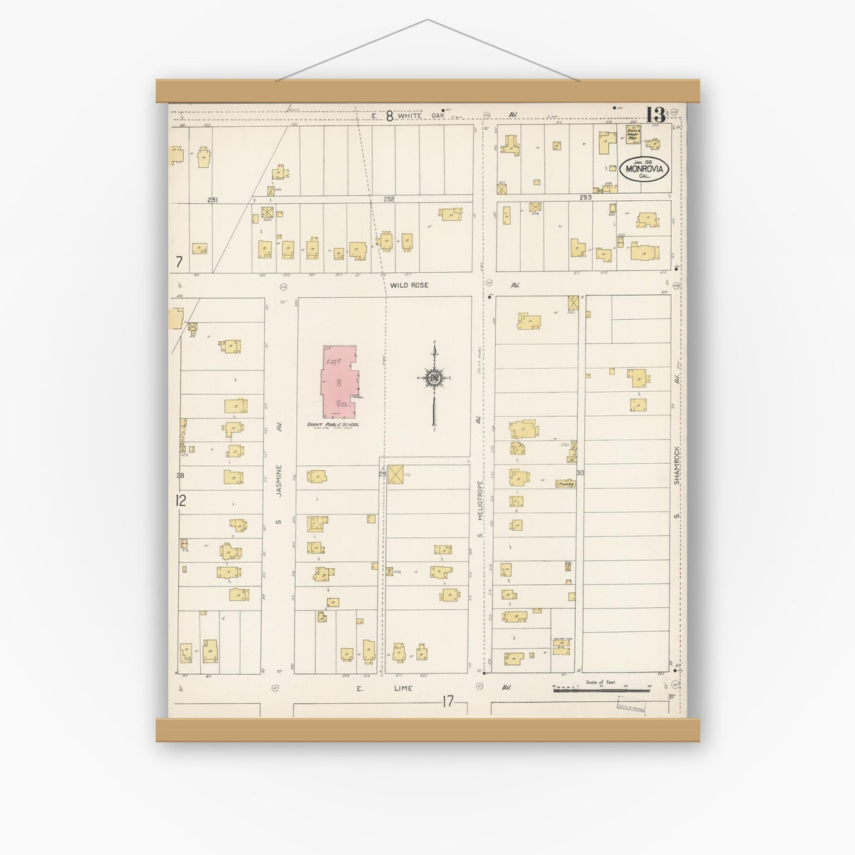 Old map wall art mockup — magnetic wood frame on white wall — Sanborn Fire Insurance Map from Monrovia, Los Angeles County, California (1913), Sheet #0013