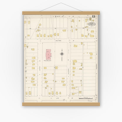 Old map wall art mockup — magnetic wood frame on white wall — Sanborn Fire Insurance Map from Monrovia, Los Angeles County, California (1913), Sheet #0013