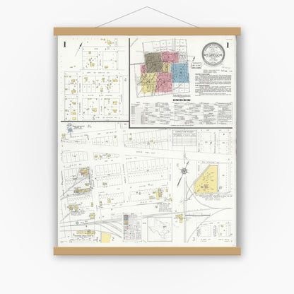 Old map wall art mockup — magnetic wood frame on white wall — Sanborn Fire Insurance Map from McGregor, McLennan County, Texas (1932), Sheet #0001