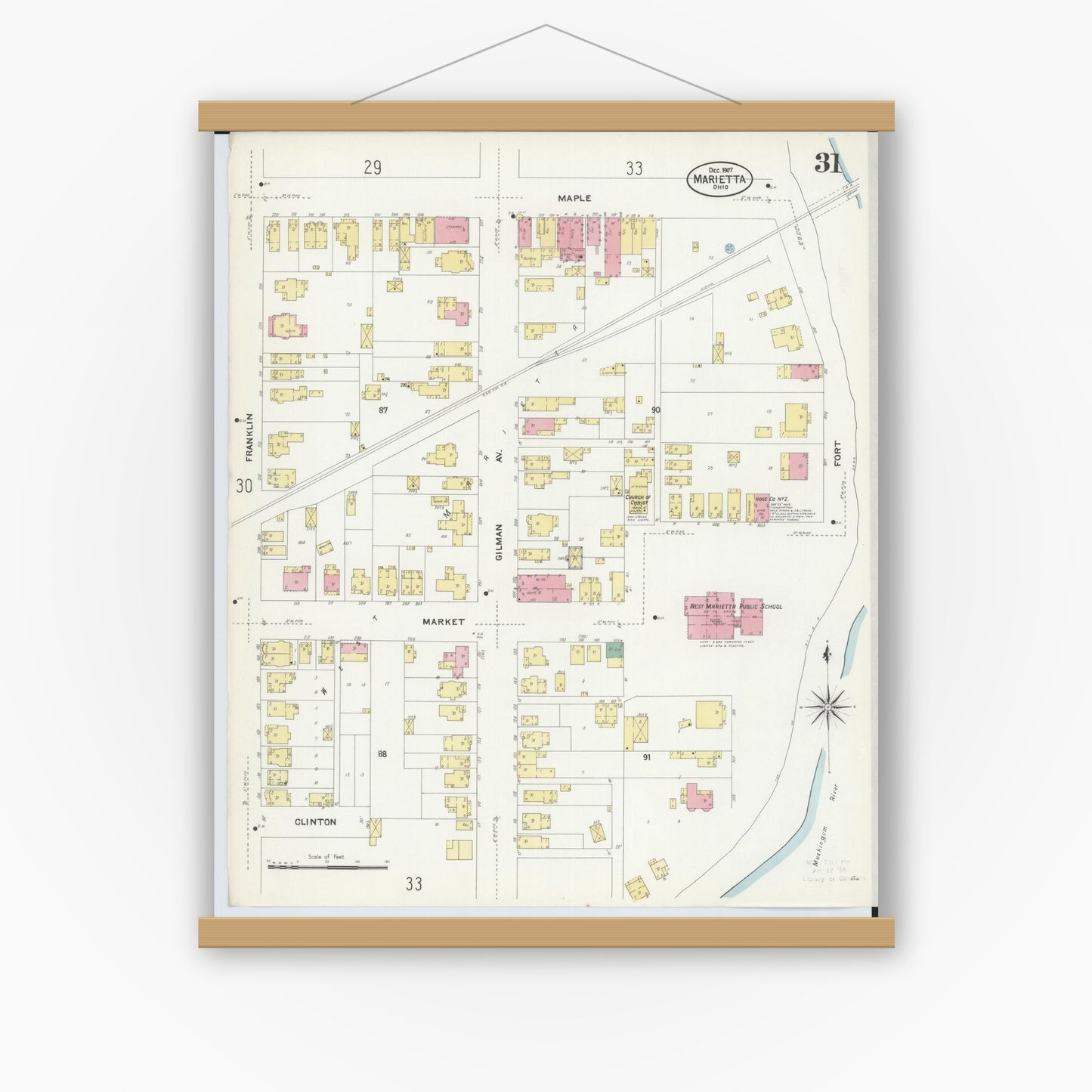Old map wall art mockup — magnetic wood frame on white wall — Sanborn Fire Insurance Map from Marietta, Washington County, Ohio (1907), Sheet #0031