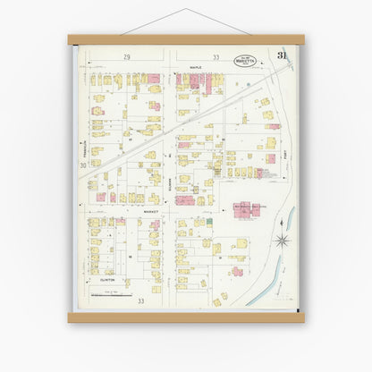 Old map wall art mockup — magnetic wood frame on white wall — Sanborn Fire Insurance Map from Marietta, Washington County, Ohio (1907), Sheet #0031