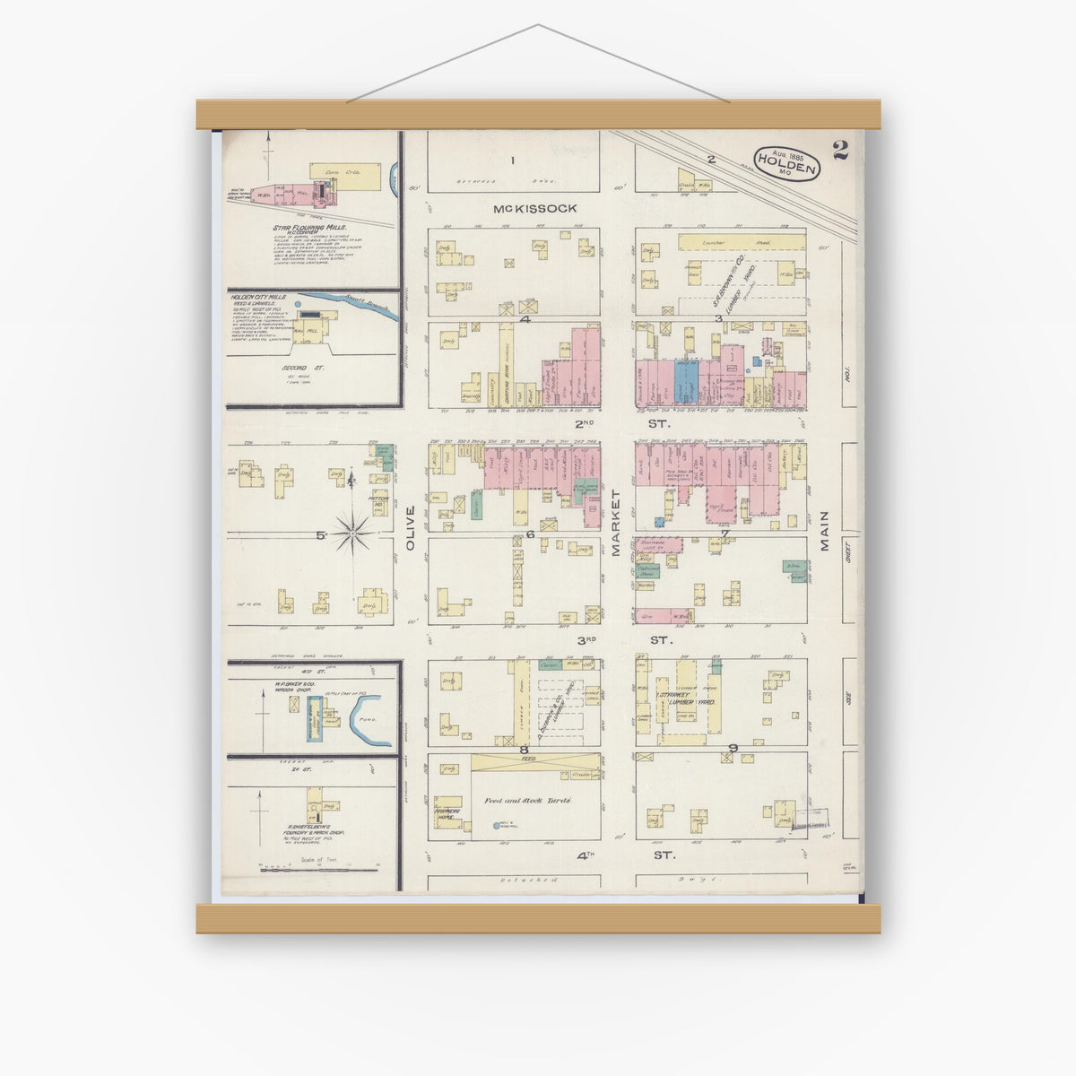 Old map wall art mockup — magnetic wood frame on white wall — Sanborn Fire Insurance Map from Holden, Johnson County, Missouri (1885), Sheet #0002
