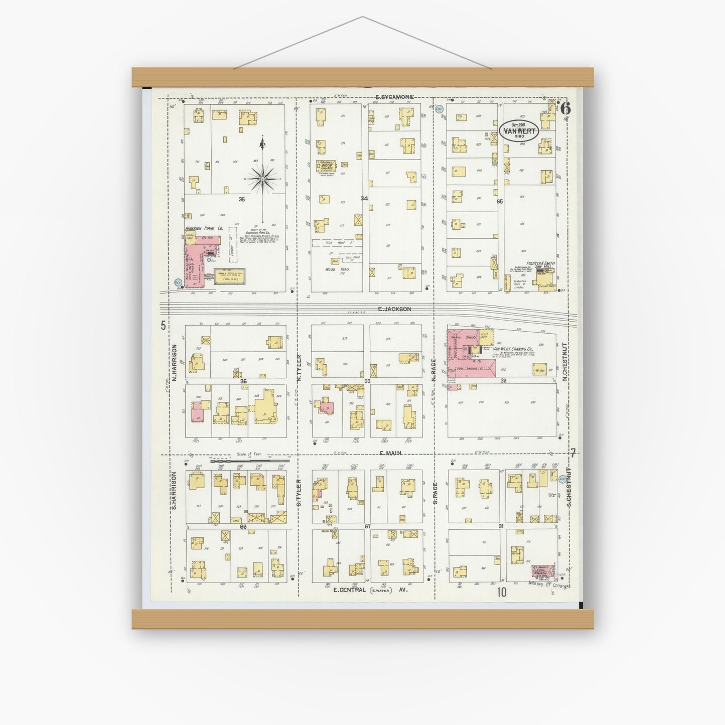Old map wall art mockup — magnetic wood frame on white wall — Sanborn Fire Insurance Map from Van Wert, Van Wert County, Ohio (1901), Sheet #0006