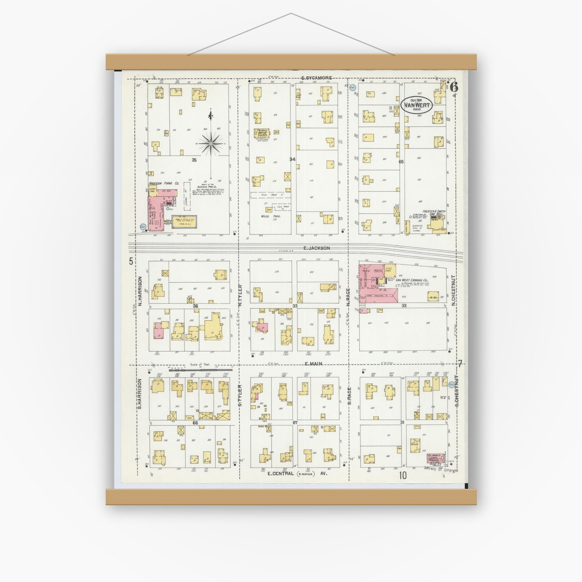 Old map wall art mockup — magnetic wood frame on white wall — Sanborn Fire Insurance Map from Van Wert, Van Wert County, Ohio (1901), Sheet #0006