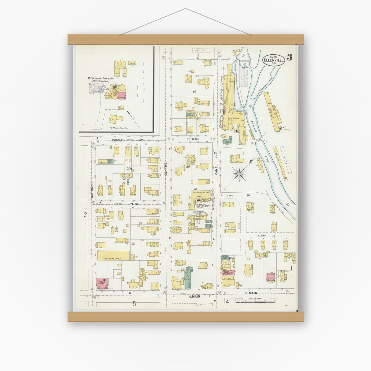 Old map wall art mockup — magnetic wood frame on white wall — Sanborn Fire Insurance Map from Ellenville, Ulster County, New York (1900), Sheet #0003
