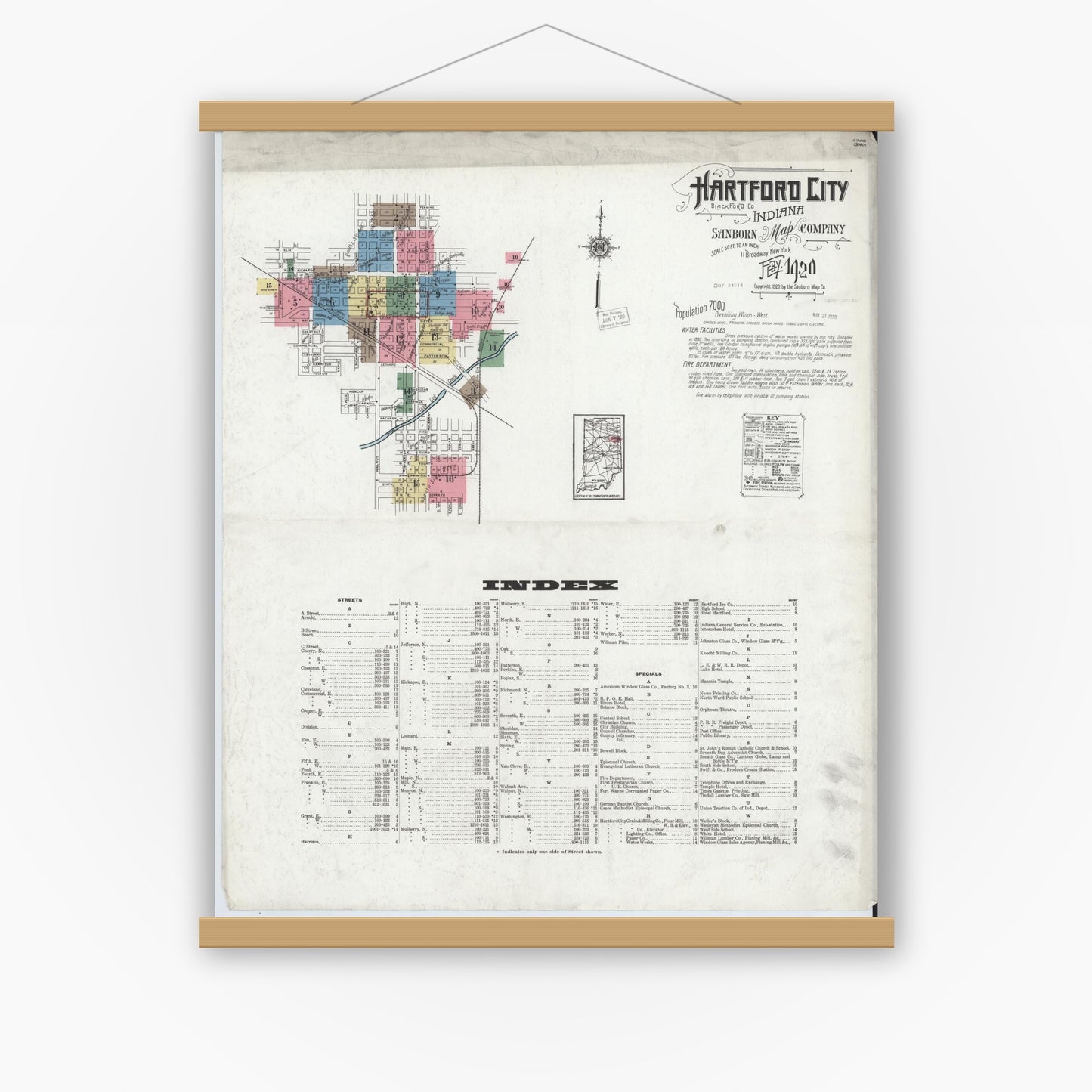 Old map wall art mockup — magnetic wood frame on white wall — Sanborn Fire Insurance Map from Hartford City, Blackford County, Indiana (1920) - Complete Map Set
